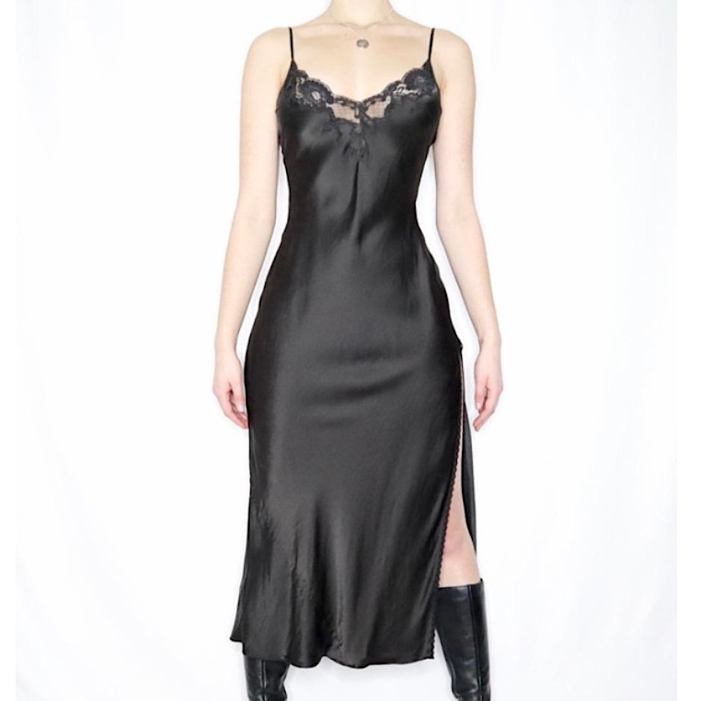 Vintage 90’s Y2K 100% Silk Dress Silk Dress Black Lace Dress Backless Slip Dress - Picture 5 of 6